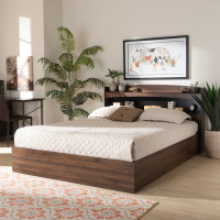 Baxton Studio SEBED13015026-Columbia/Black-Queen Christopher Modern and Contemporary Rustic Walnut Brown Finished Wood Queen Size Platform Bed with Shelves